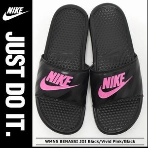Nike Women's Benassi JDI Slides in the Black/Vivid Pink colorway.